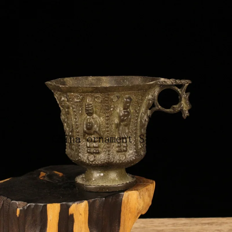 Antique collectible, imitation Tang Dynasty musical figurine, eight-sided cup with patterned design, vintage home decor, decorat