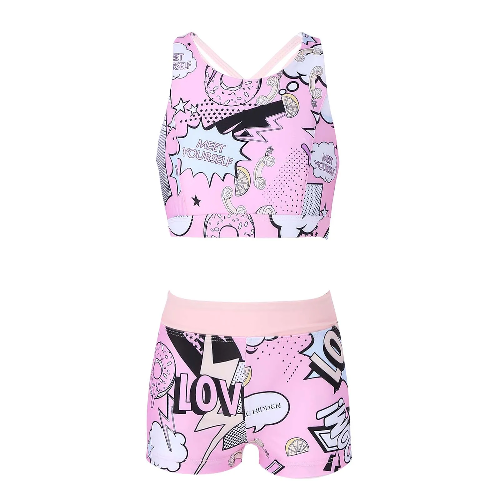 Summer Bathing Suit Girls Two Pieces Suits Swimsuit Beach Swimwear Sleeveless Crisscross Back Printed Top with Boyshorts Bottoms