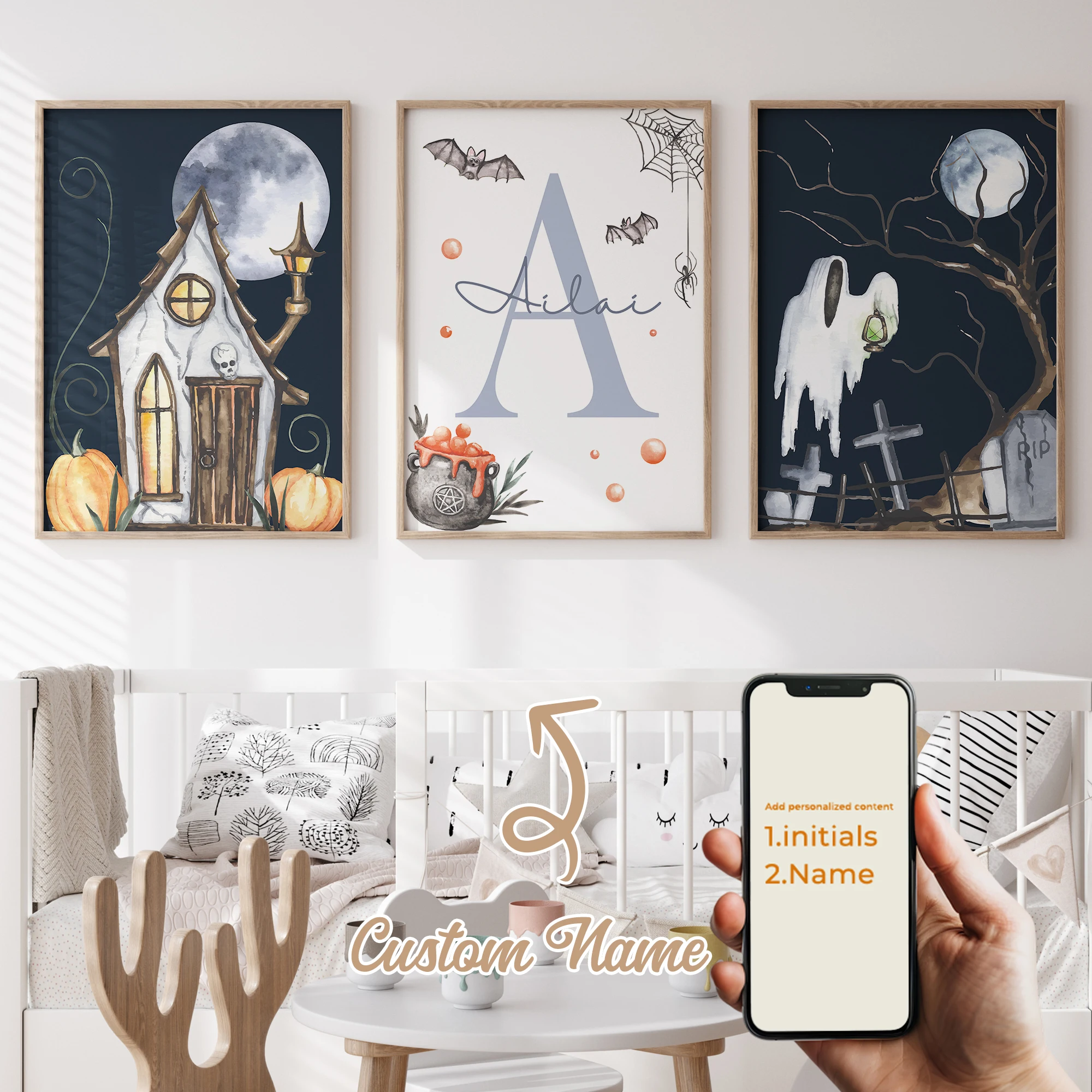 

3pcs Personalized Custom Name Cartoon Haunted House Wall Art Print Picture For Halloween Living Room Kids Home Decor Gift