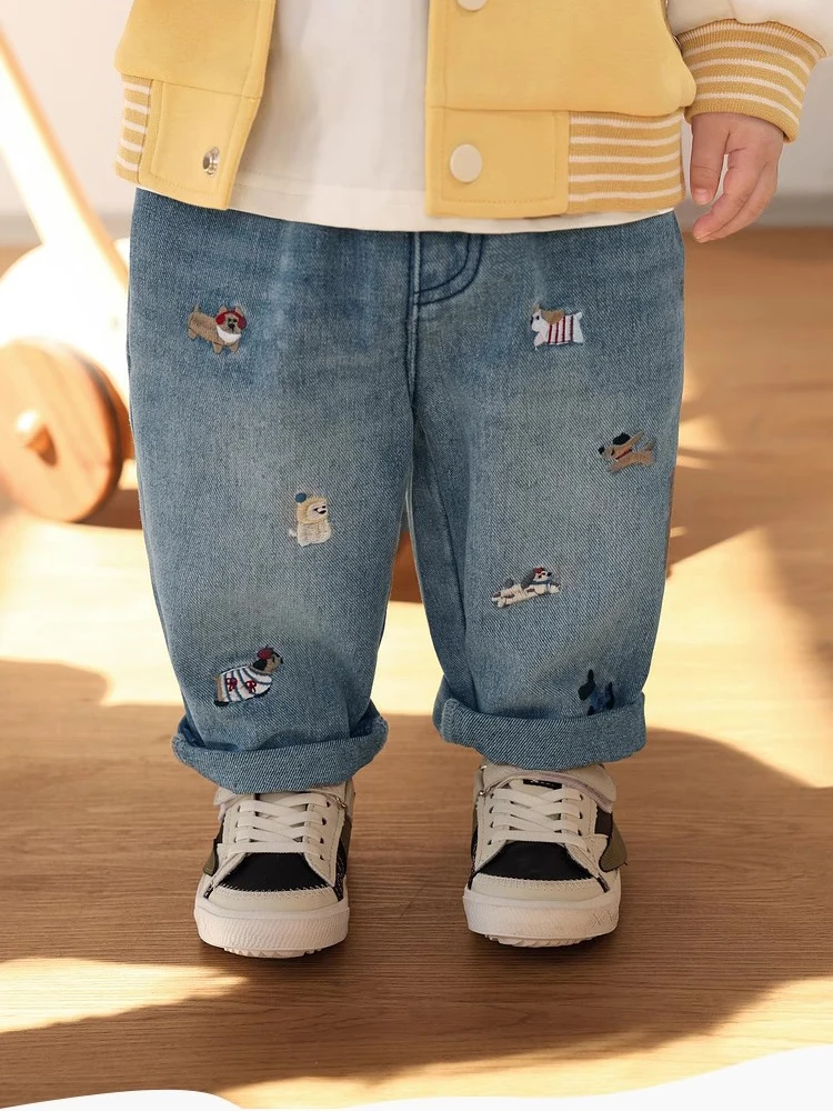 Spring Kids Girls Cotton Denim Pants 2-7Y Cartoon Puppy Embroidered Boys Jeans Elastic Waist Loose Lantern Trousers Clothes