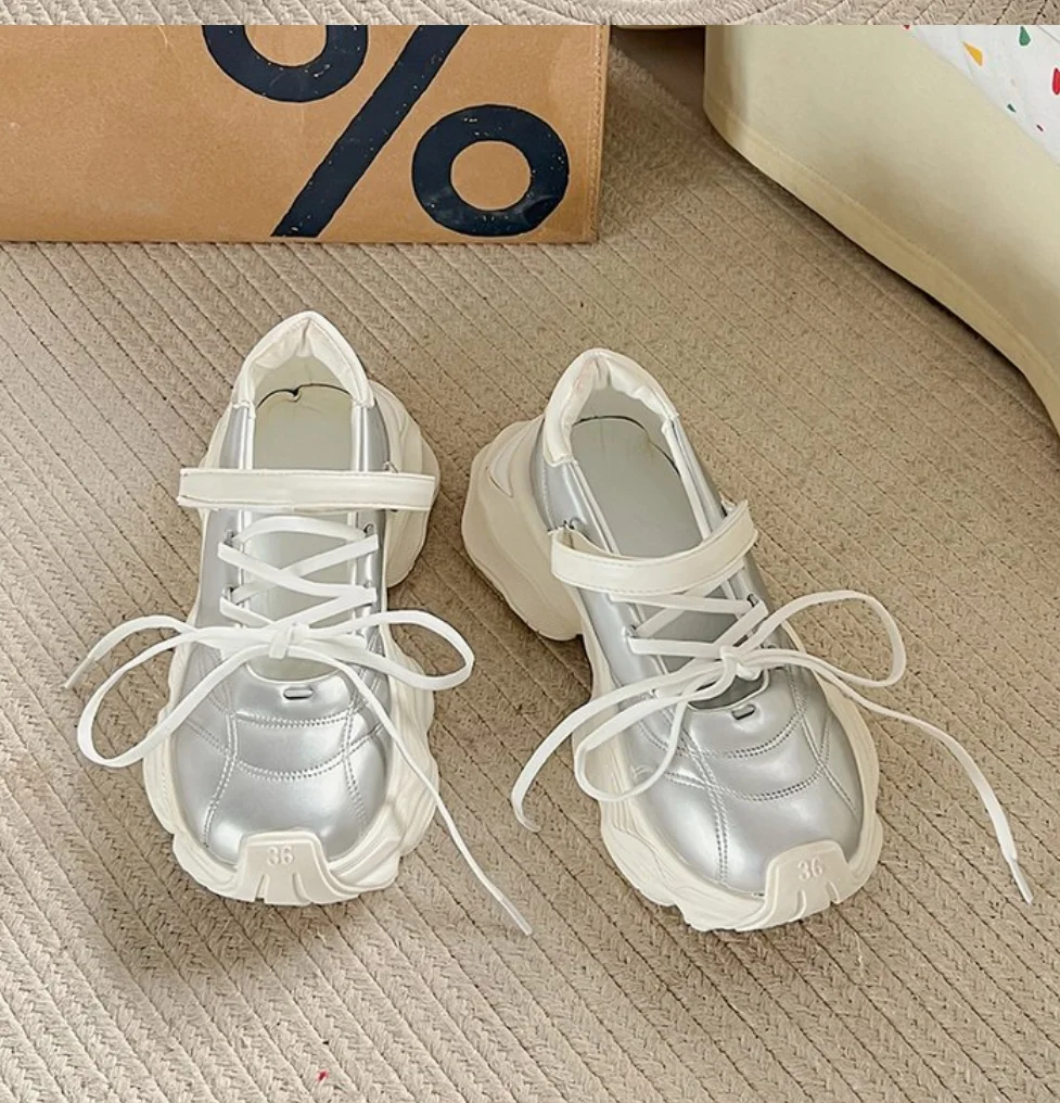 omen Casual Silver Platform Ballet Shoes Thick Sole Sneakers New Summer Fashion Single Shoes Woman Platform Mary Jane Pumps