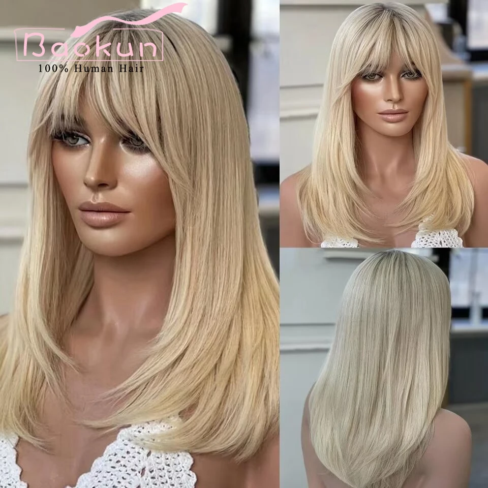 Light Blonde Human Hair Wigs With Bangs Glueless Bob Straight Lace Front Wigs 200 Density 13x6 HD Human Hair Lace Frontal Wig