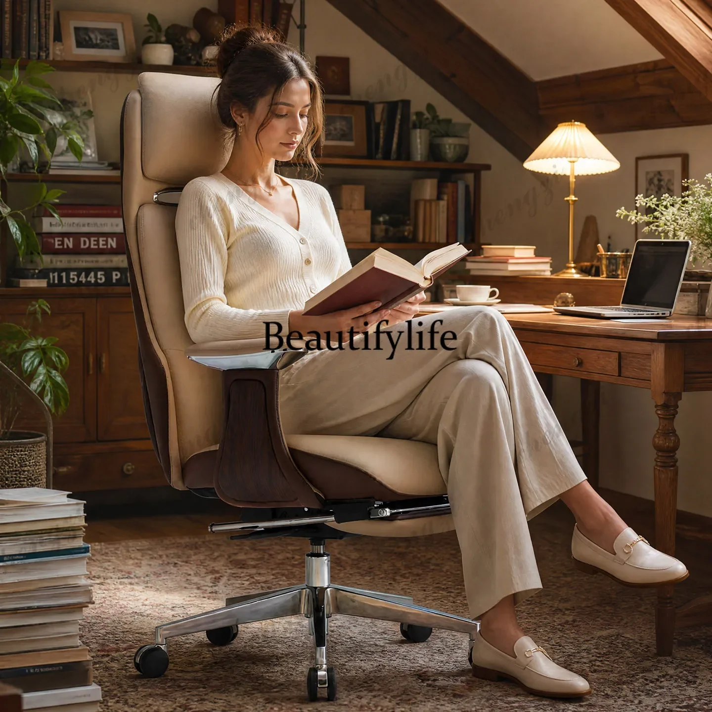 TTT Lying flat for lunch, business office chair, ergonomic waist support, sedentary leather boss chair, home study computer chai