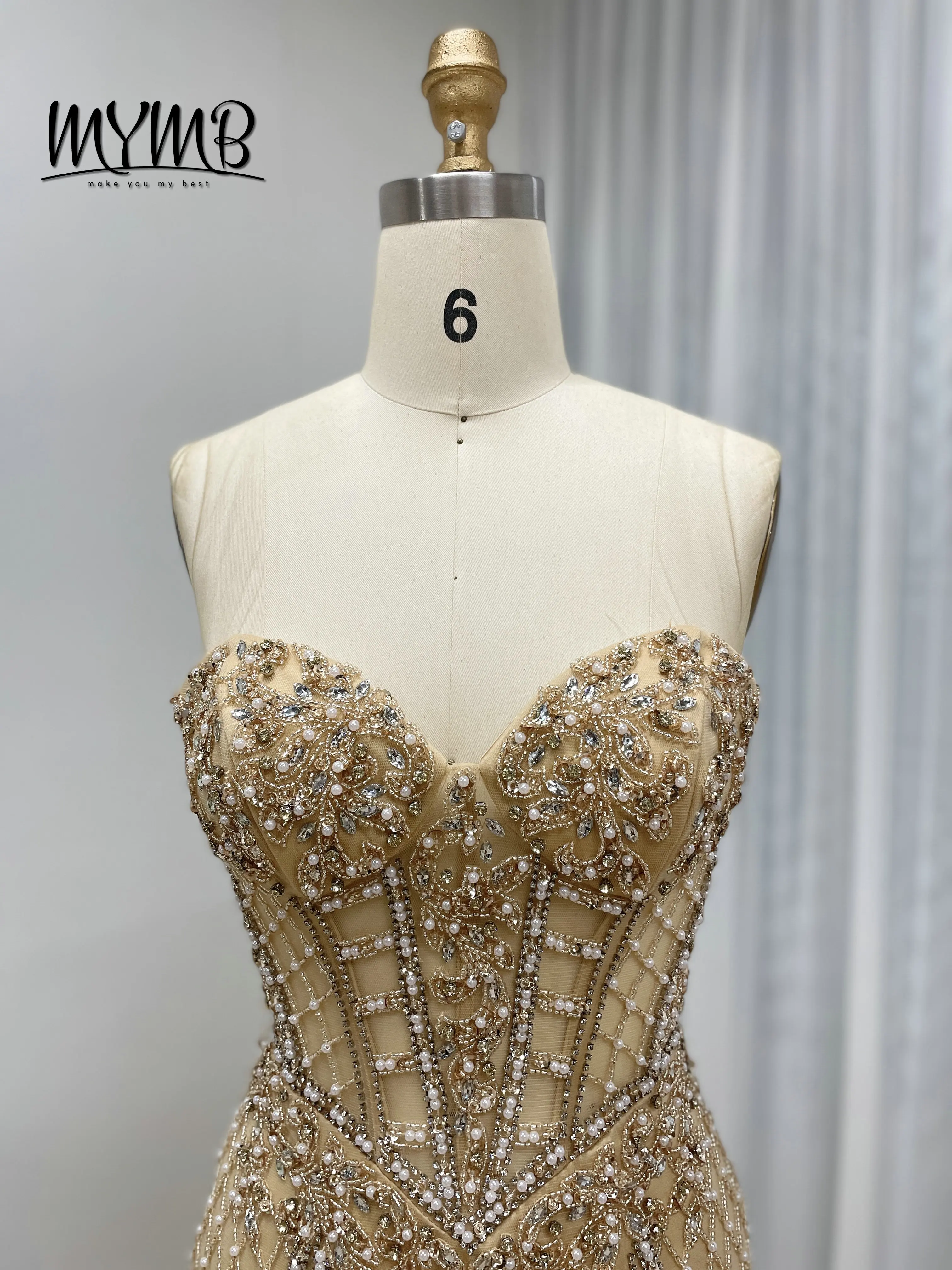 MYMB Impresionante vestido de noche sin mangas color champán dorado con entramado y cuentas de cristal corte sirena tren de tul transparente para graduación MB40406