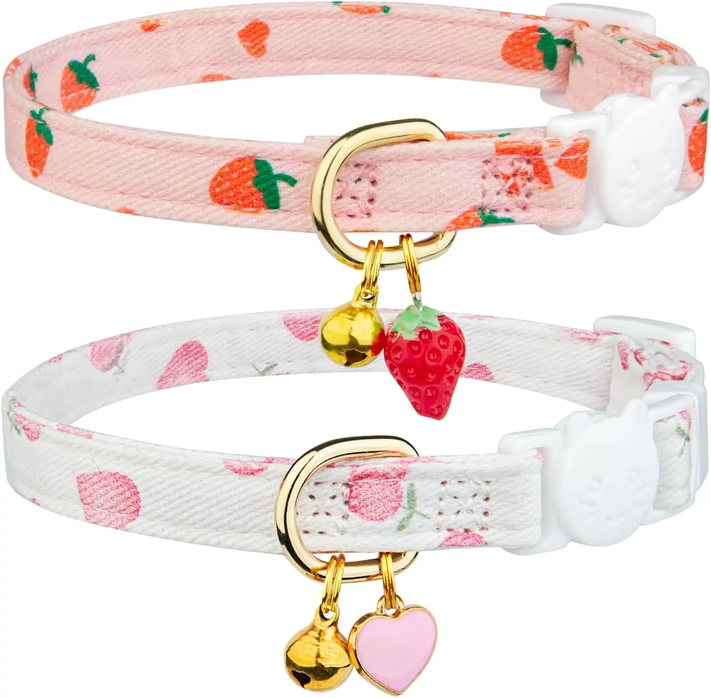 2er-Pack Baumwoll-Katzenhalsbänder Rosa Erdbeere Weißes Herz Niedliches Kätzchenhalsband – Detail 1