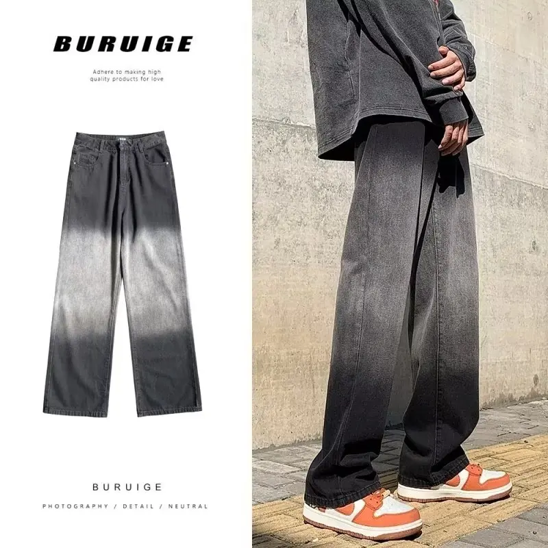 

American Hiphop Wide Leg Jeans Straight Loose Men's Pants Trendy High Street Summer Autumn Sle Youthful Wear Resistant