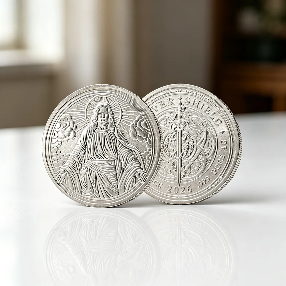 2026 Silver Plated Jesus Christ Coin Shield High Relief Challenge Coin Good Luck Commemorative Gifts for Men Women Kids Coworker