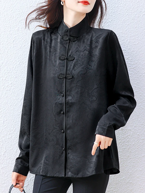 

Ele Bla Long Sve Acetate Crepe Embroidered irt Women's Spring Autumn New Sle Chinese Trendy Faion Top