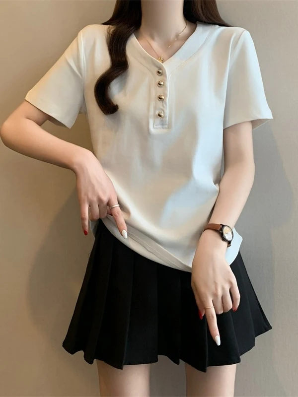 Camiseta de verano de manga corta con cuello en V para mujer, estilo corto, talla grande, a la moda, para el día a día, estilo coreano, holgada, que requiere planchado.