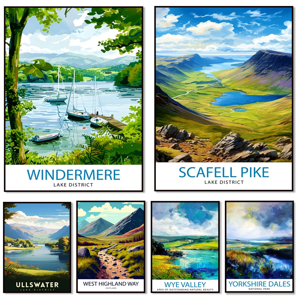 West Highland Way, Wye Valley, Scafell Pike, Ullswater, Malvern Hills, South Downs, Yorkshire Dales, Lake District travel poster