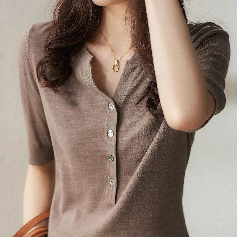 New Fashion Short Sleeve Knitted Blouse Shirt Women Tops Pullover Blusas Mujer De Moda 2024 Verano V-Neck Knit Blouse Women E889