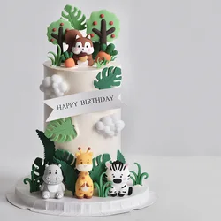 숲 작은 동물 케이크 토퍼 다람쥐, 하마, 얼룩말, 기린, 잔디, 소년을위한 과일 나무 어린이 생일 파티 장식