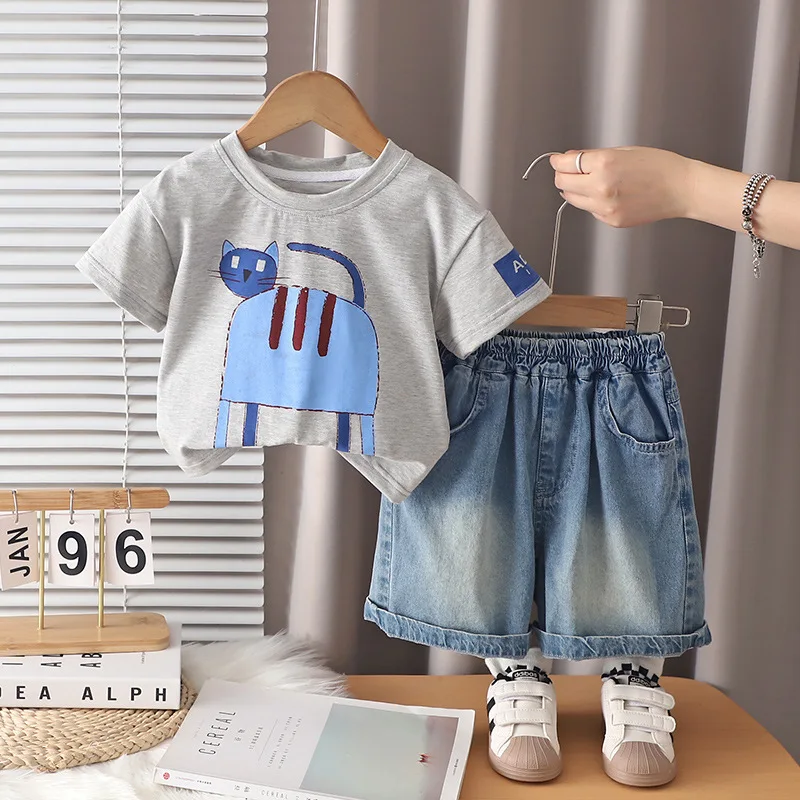 Baby Boys and Girls Suit Children's Clothing 2026 Summer Cartoon Cat Short Sleeve T-shirts Tops and Denim Shorts Two Piece Set