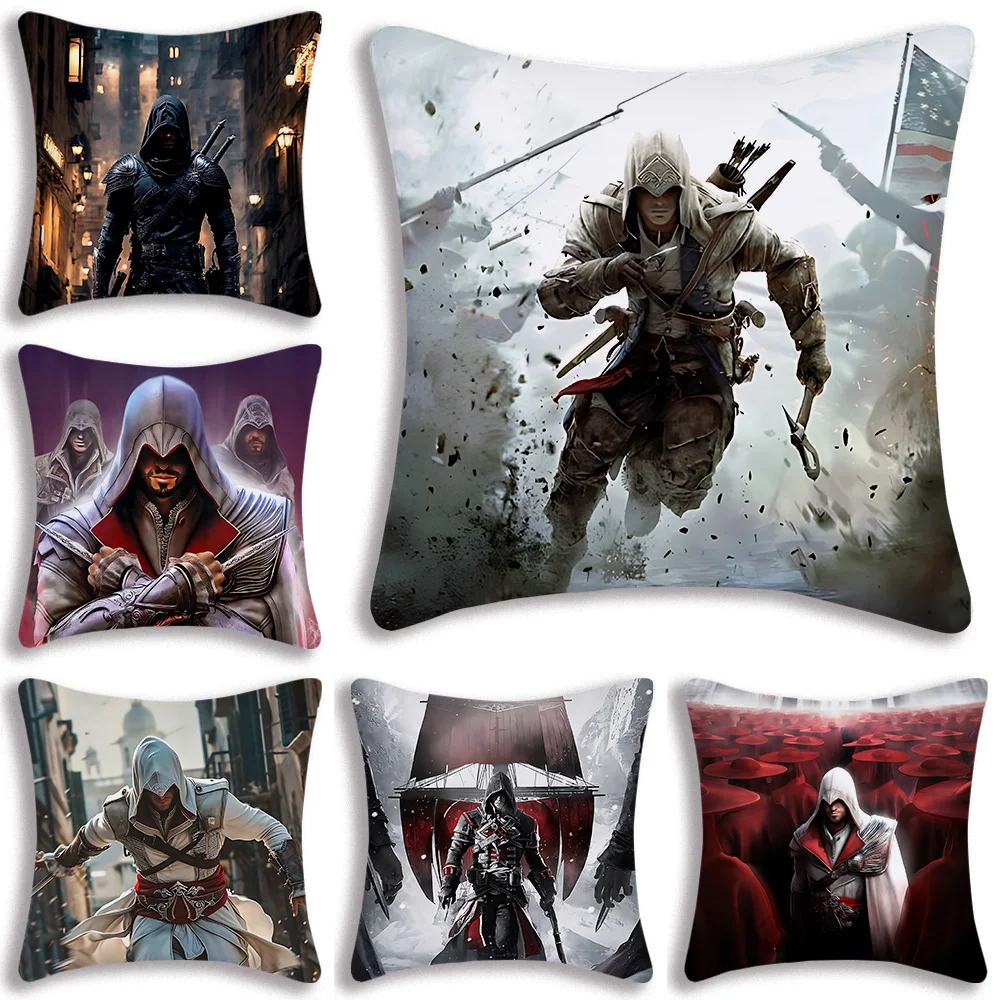 Juegos populares Assassins Creeds fundas de almohada sofá de dibujos animados decorativo hogar impresión de doble cara funda de cojín bonita de felpa corta