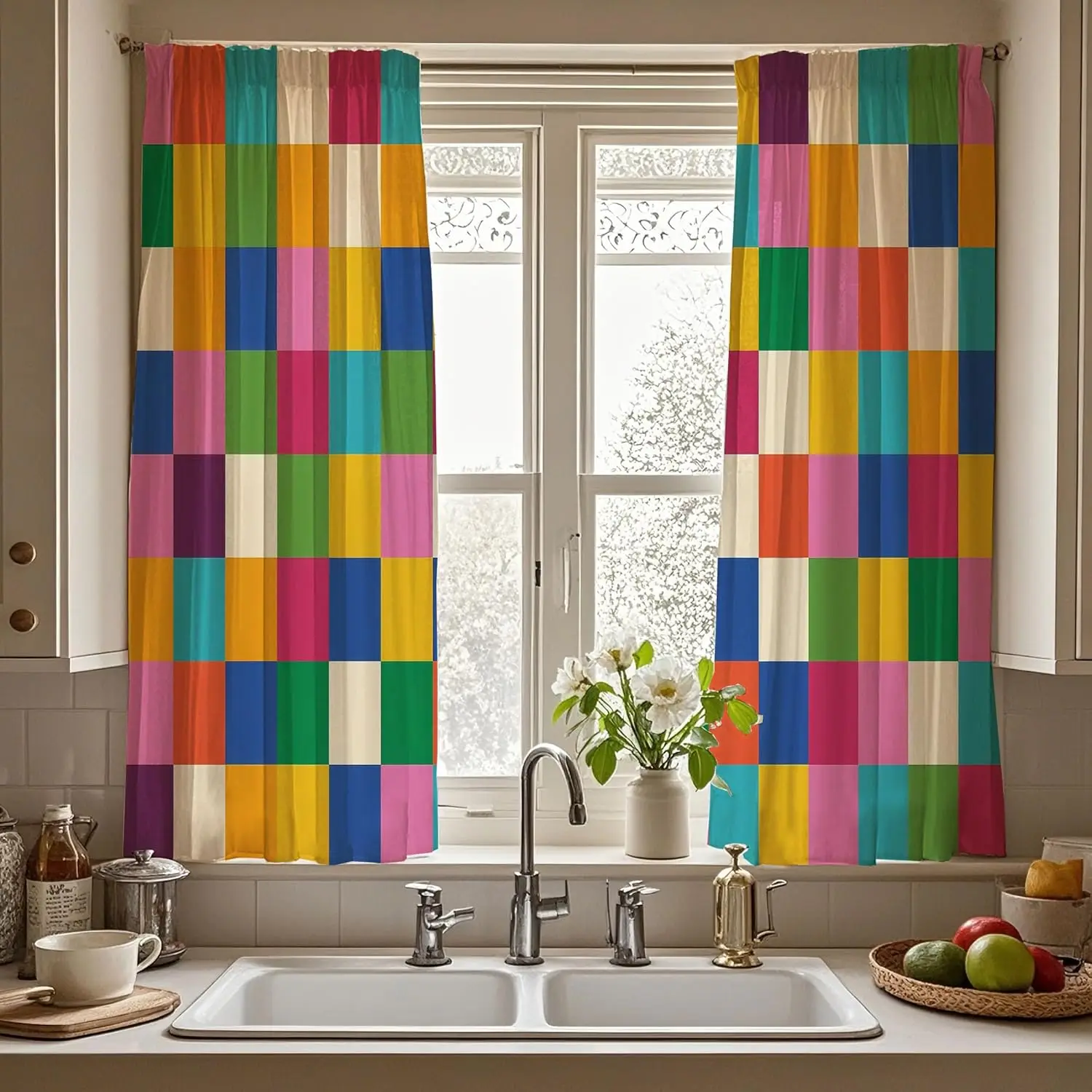 Vibrant Plaid Curtain Rainbow Color Square Grid Geometric Art Country Light Blocking Drape For Villa Dorm Resort Farm Decor