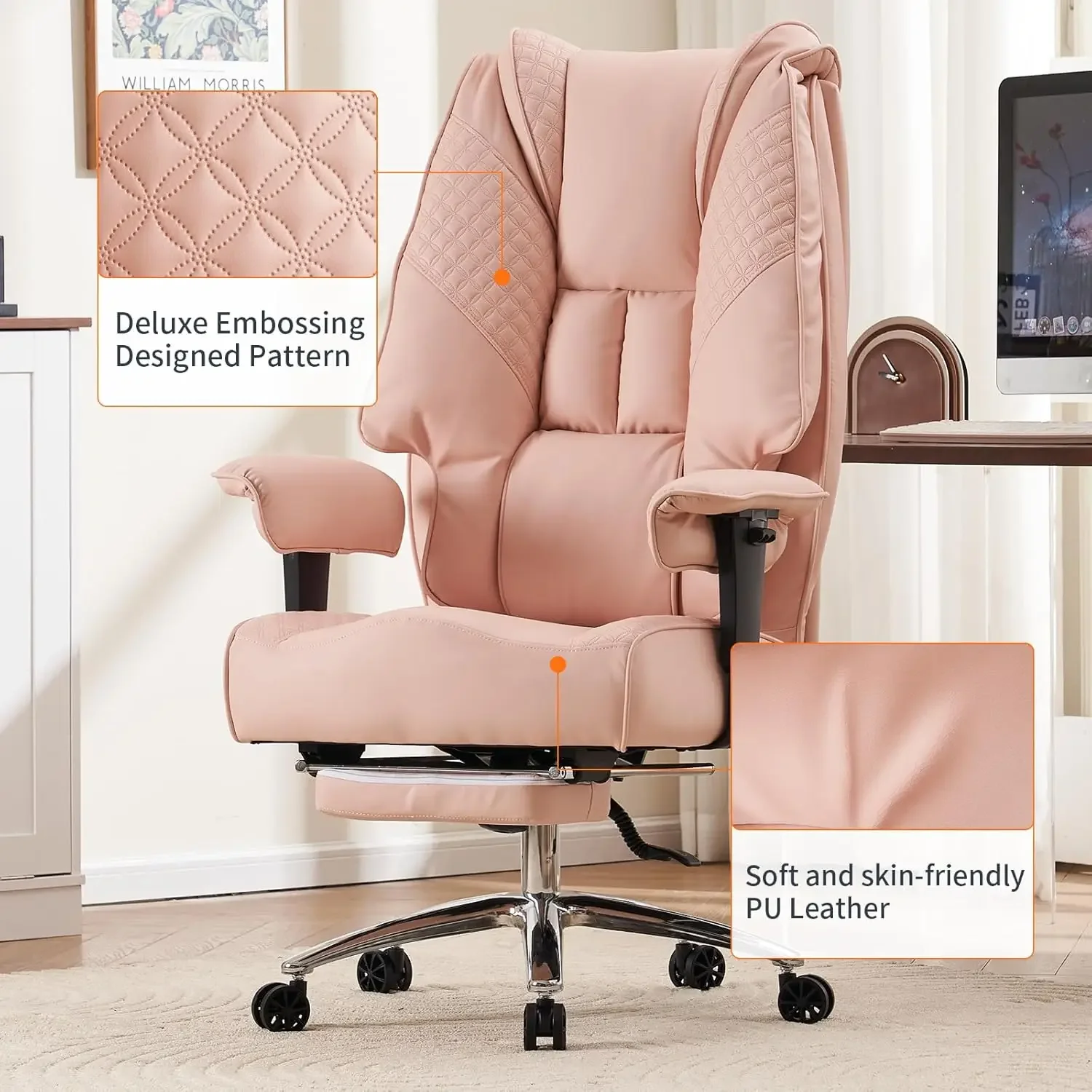 Back Executive Office Chair with Foot Rest, Ergonomic Office Chair Lumbar Support for Lower Back Pain Relief (Light Pink)