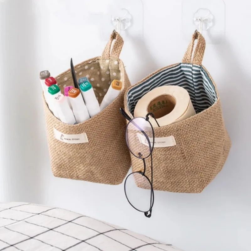 2pcs Wall-Hanging Storage Bags Cotton Linen Storage Basket Foldable Basket Family Organizer Box Decorative Bag (Color as Shown)