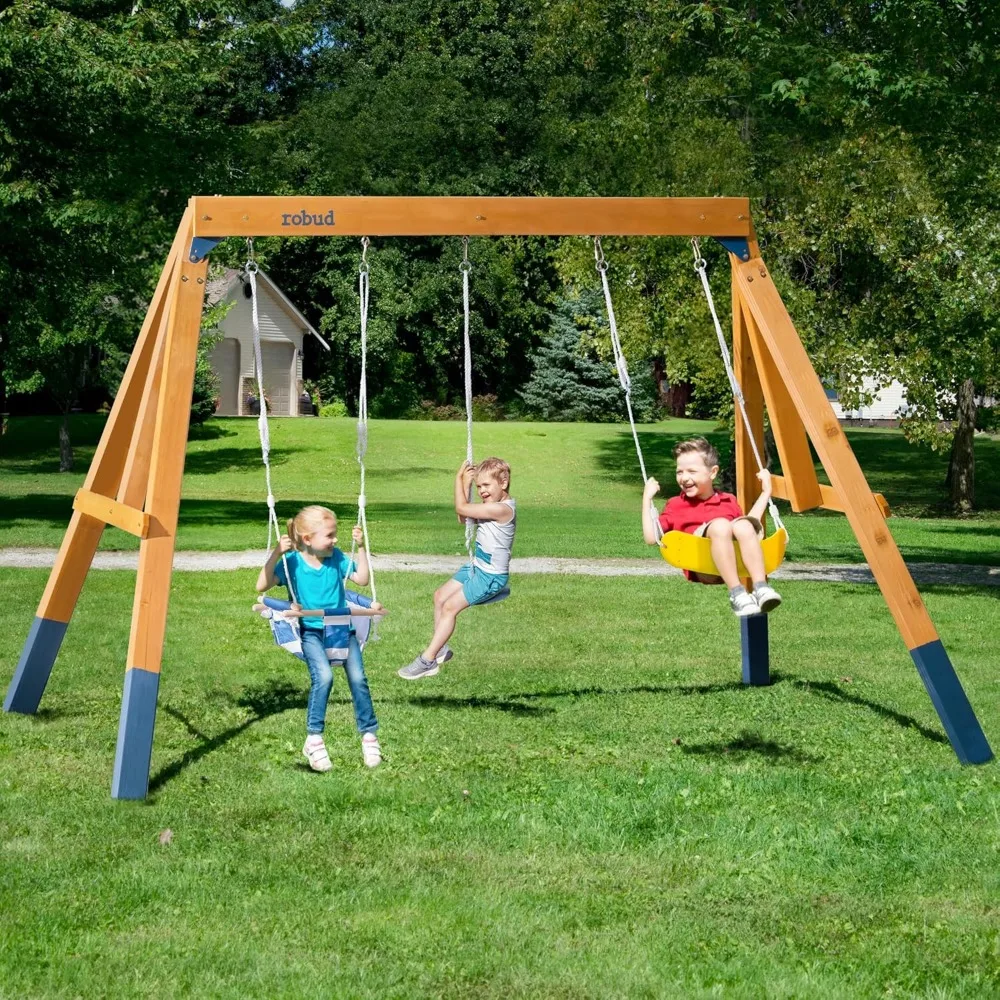 3-in-1 Playground Wooden Swing Sets for Backyard, DIY Swing Sets with Tree Swing and 2 Toddler Swings, Kids Outdoor Play Equipm