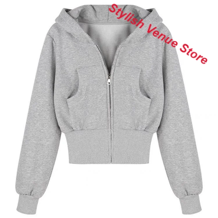 American retro gray hooded sweater coat female spring and autumn new fashion temperament slim short waist cardigan casual shirt