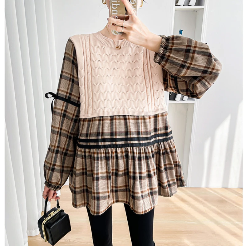 

Autumn Winter Plaid Patchwork Knitted Maternity Blouses Loose Shirts Clothes Pregnant Women Pregnancy Tops Blusas De Maternidad