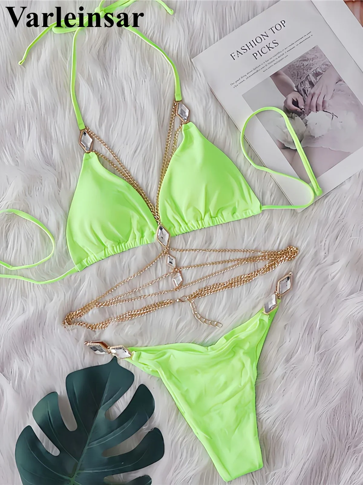 Diamond Rhinestones Halter Metal Ring Bikini Female Swimsuit Women Swimwear Two-pieces Bikini set Bather Bathing Suit Swim V5898