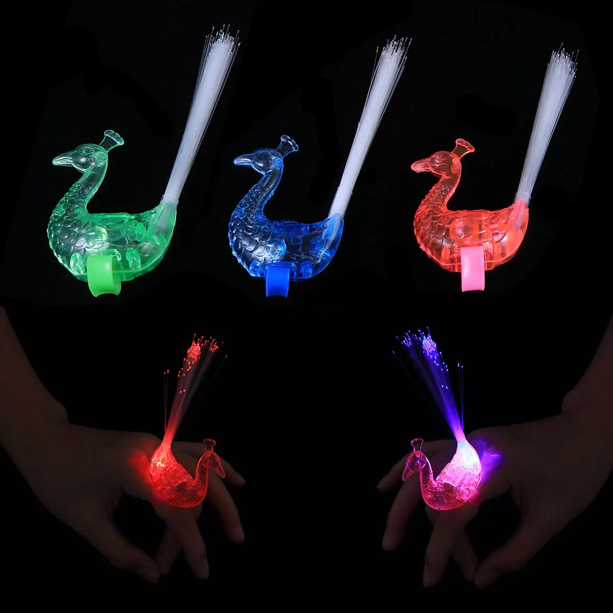 Lumières LED sur le thème du paon, 16 pièces, anneaux à couleur changeante en Fiber optique pour enfants, fournitures de fête, Festival, divertissement nocturne