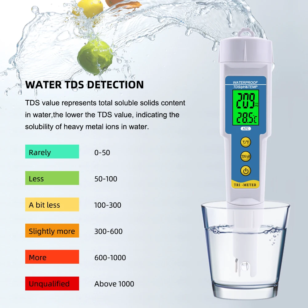 Yieryi PH-986 3 in 1 Water Tester Multi-parameter PH Monitor TDS PH Meter Aquarium Acidometer Drink Water Quality Analyser