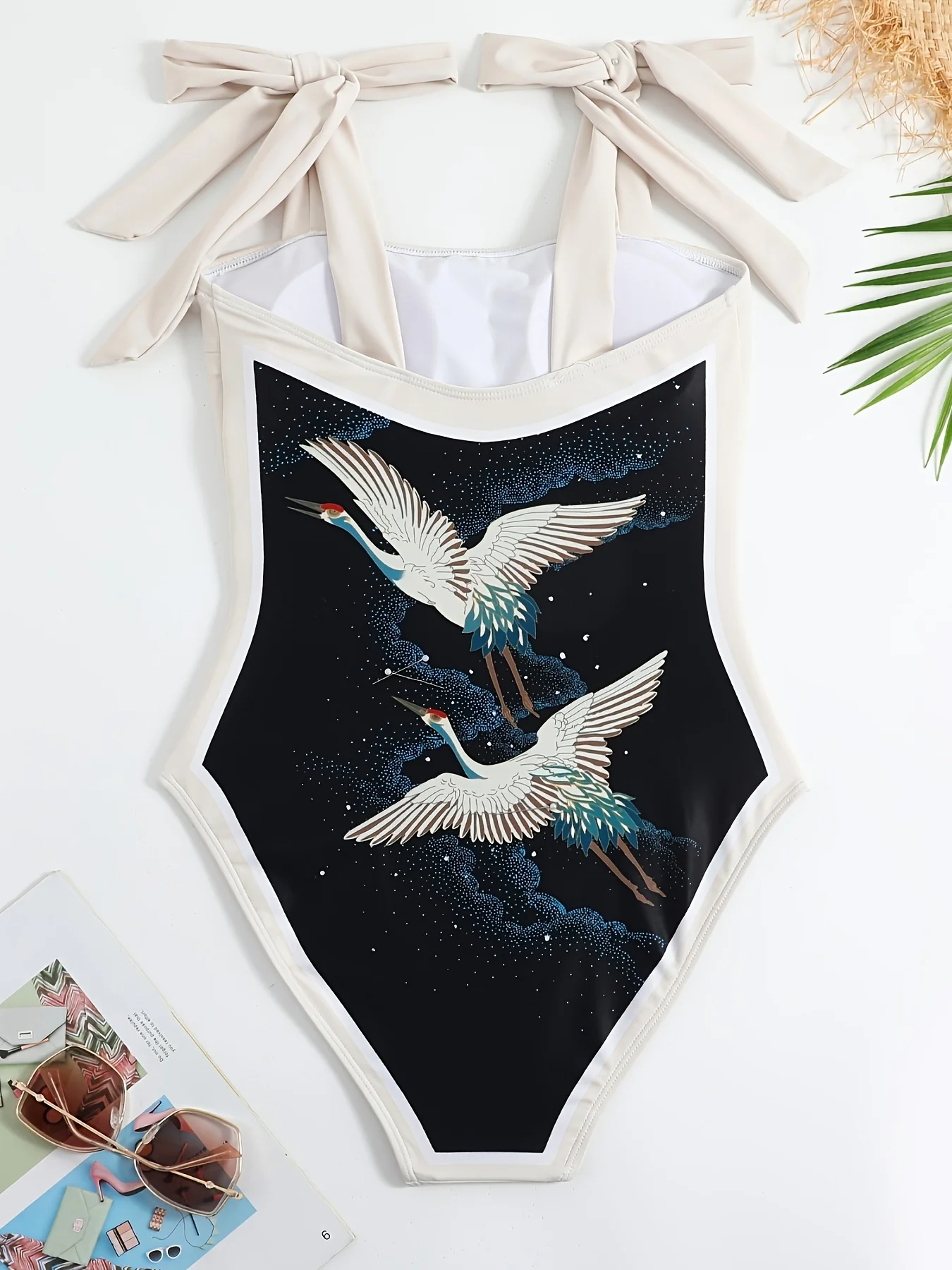 Black Crane Print One-Piece Swimsuit With Tie-Shoulder & Matching Wrap Cover Up Skirt view 5