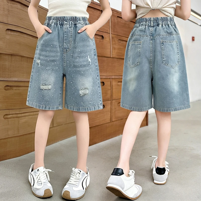 Girls Ripped Silver Speckled Denim Bermuda Shorts Summer Elastic Waist Wide Leg Jeans Shorts Casual Kids Pants For 6-14 Years
