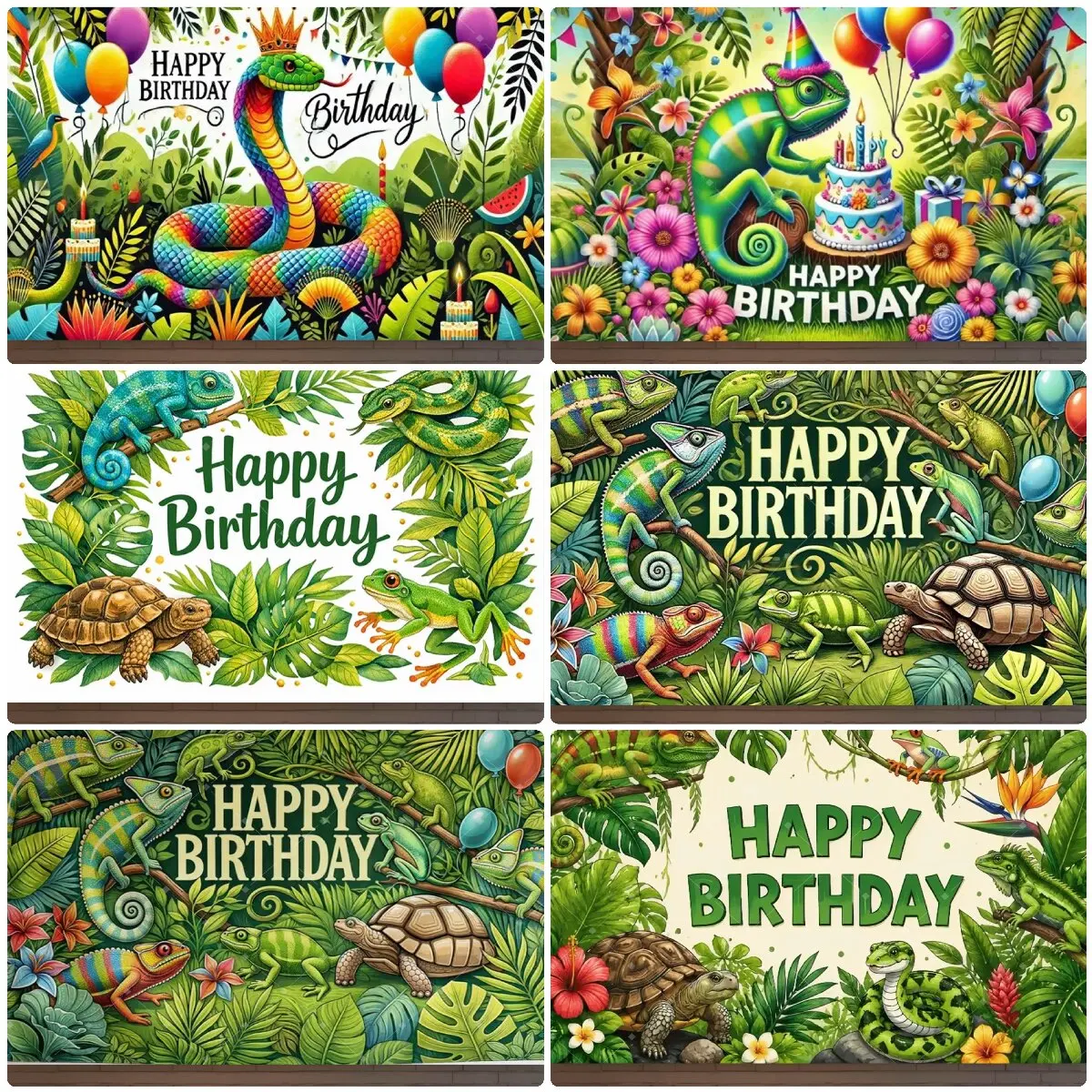 Toile de fond Reptile de la Jungle Tropicale Caméléon Serpent Animal Joyeux Anniversaire Fond Photo Garçons Safari Fête Cabine Photo Bannière