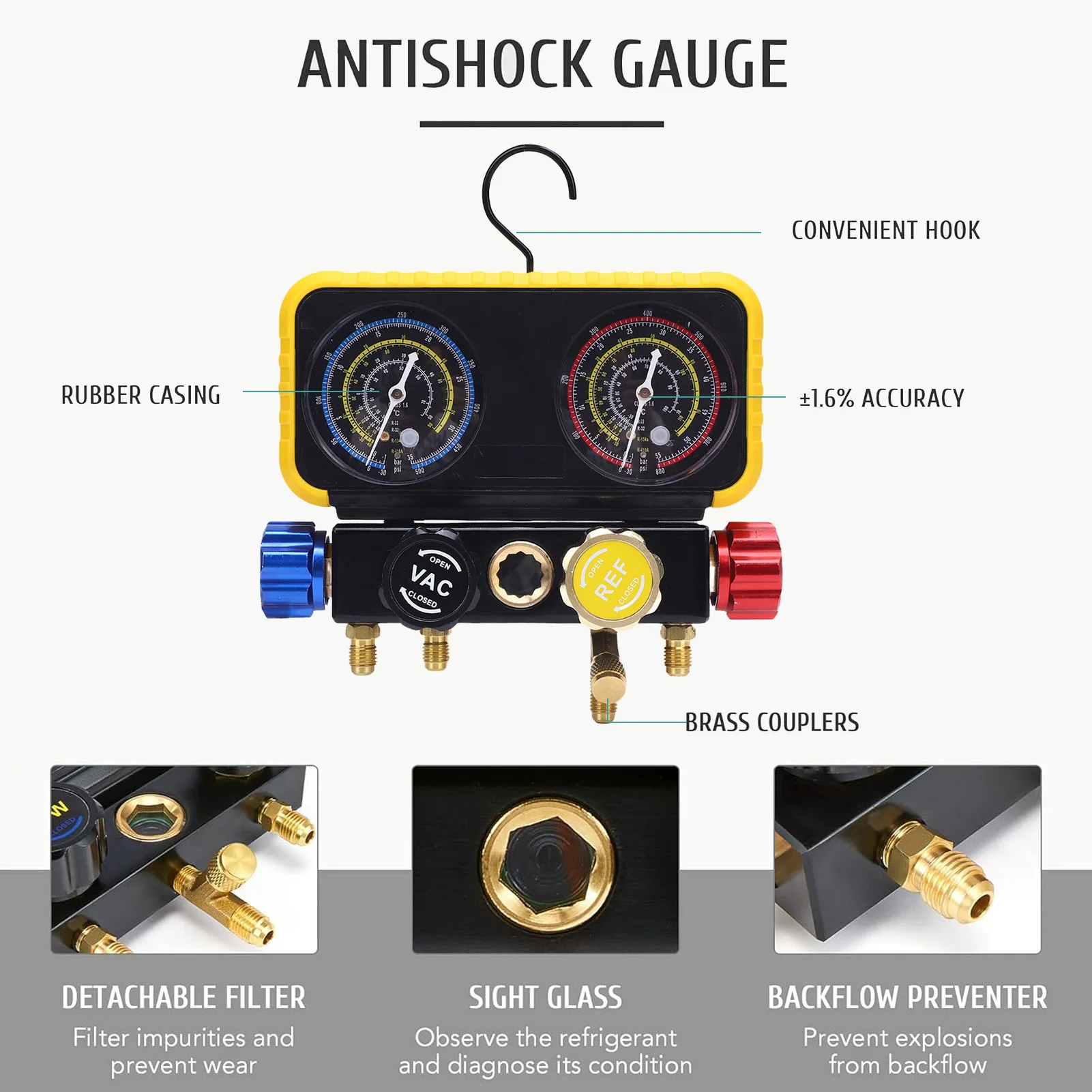 HVAC Gauges with Hoses 4 Way Heavy Duty Brass Manifold Gauge Set Replacement for R410A R32 R134A R22 Refrigerants