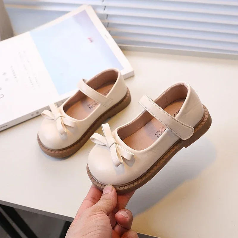 New Children's Shoe for Girl Solid Color Versatile Black School Shoes Fashion Simple Kids Leather Shoe Round-toe Bowtie Flats