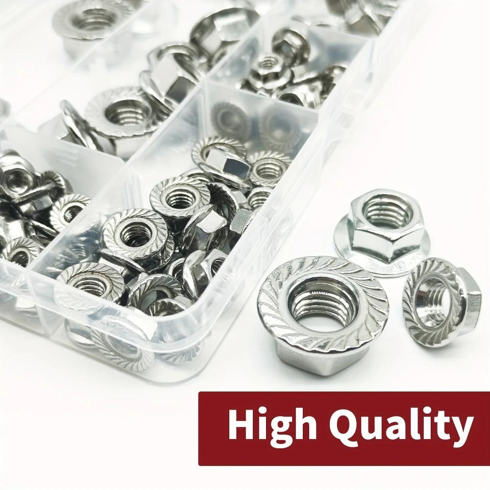 138 قطعة 304 الفولاذ المقاوم للصدأ شفة المكسرات مجموعة 7 حجم مسننة سداسية شفة الجوز DIN6923 المضادة للانزلاق المكسرات M3 M4 M5 M6 M8 M10 M12