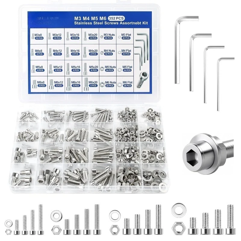 352x Socket Cap Head Hex Bolts and Nuts Assorted Set Stainless Steel Allen Screw Kit