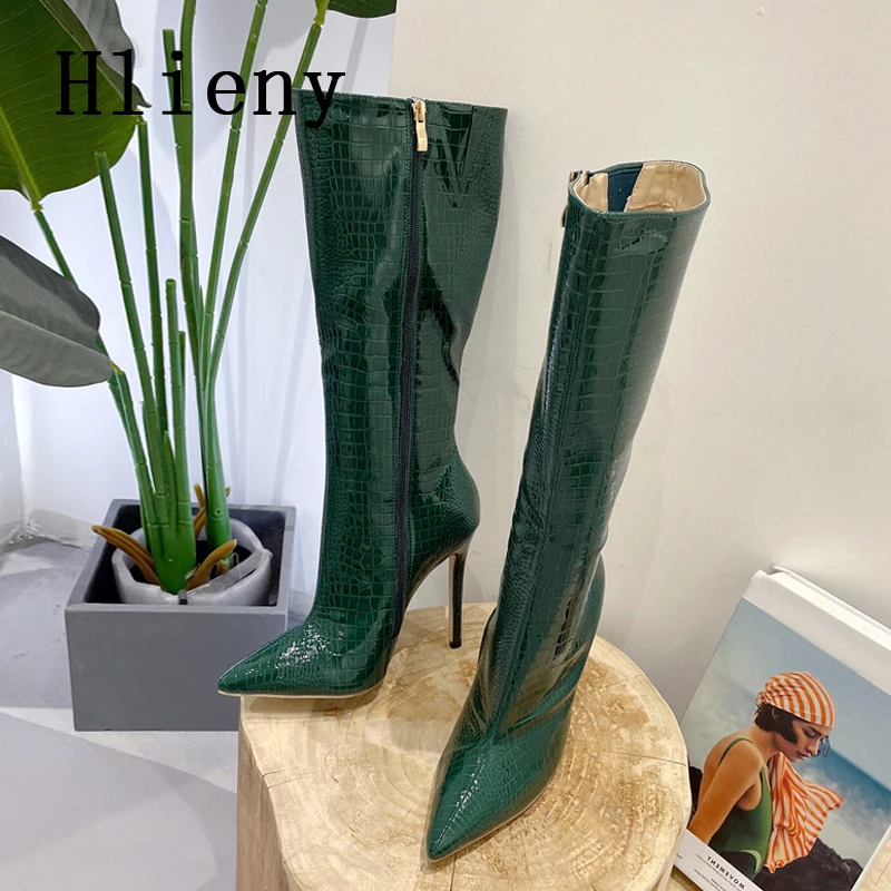 Hlieny Design stivali al ginocchio da donna con punta a punta nera 2024 abito da festa invernale stivaletti lunghi da strada scarpe con tacco alto