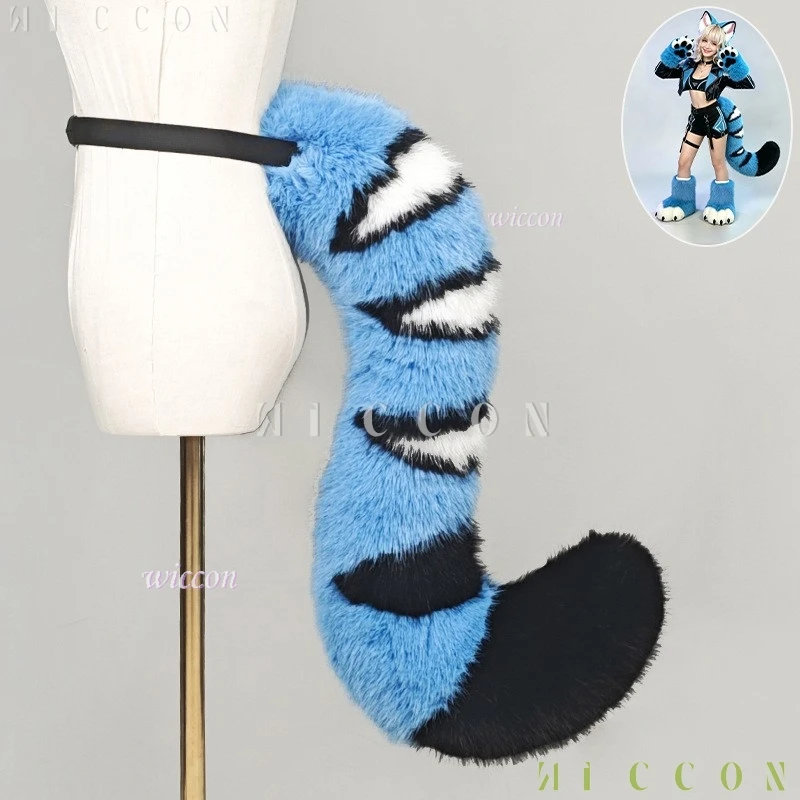 Derpyy Blue Tiger Fursuit Ears Tail Set Soft Faux Fur Messenger Tiger Beast Ears Cosplay Halloween Furry Convention Party view 6