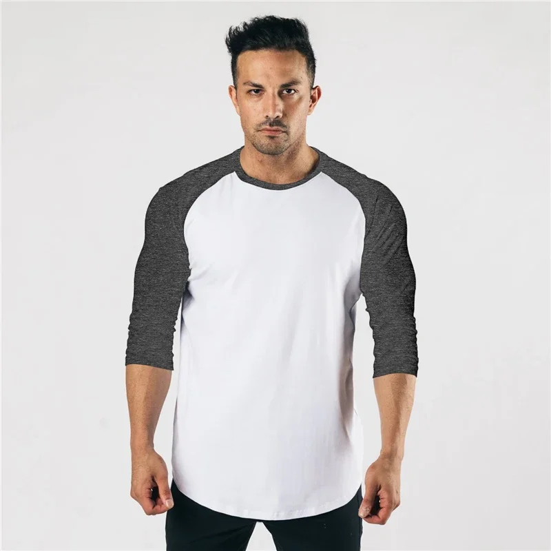 Muscleguys Autumn Fashion Three Quarter Sleeve Fitness T-shirt Men Solid Patchwork O-neck Gym T shirts Male Slim Fit Tee Shirts