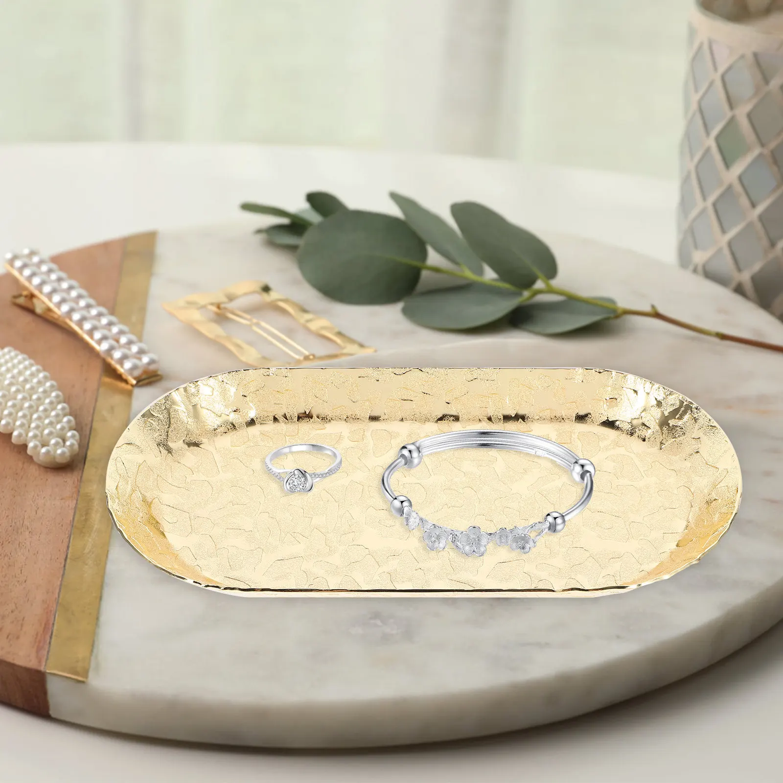 Hammered Stainless Steel Tray Stylish Jewelry Organizer Fruit Snack Serving Plate Dressing Table Desk Storage Decorative Tray
