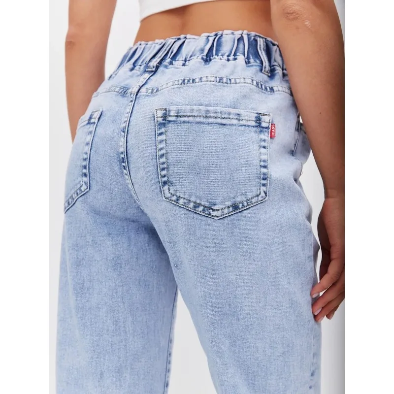 Damskie spodnie jeansowe z wysokim stanem, jesienno-zimowe, nowe, luźne, z elastyczną talią, damskie luźne spodnie codzienne, jednolite, długie spodnie damskie.