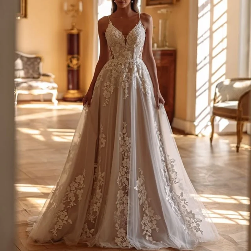 

Tull simple ivory white flower Appliques Wedding Dresses of A-line straps Bridal Gowns Made Customized