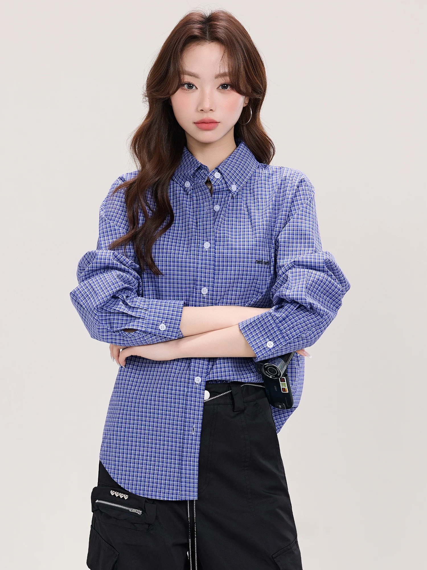 

Синий клетчатый длинный све irt, женская весенняя внутренняя одежда, свободный топ для колледжа, маленький размер, милый воротник на пуговицах