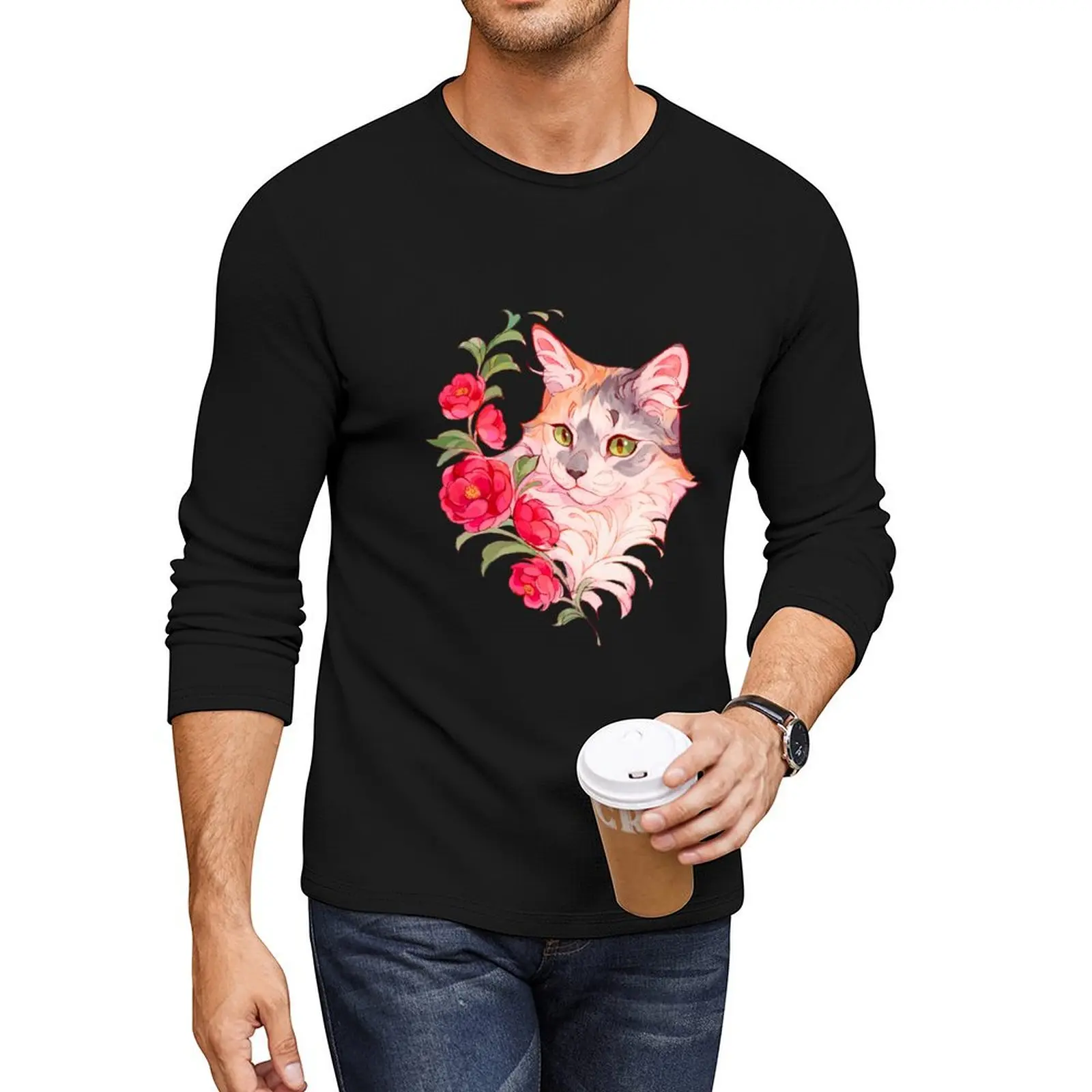 Silver torbie cat with red flowers Long T-Shirt sweat shirt graphic t shirts black t shirts for men