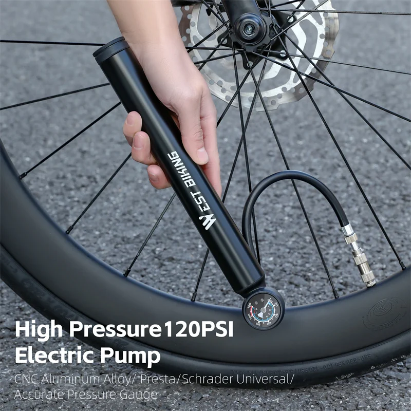 WEST BIKING Bicycle Electric Pump 120Psi High Pressure With Gauge Cycling Tire Inflator Presta Schrader Valve MTB Road Bike Pump