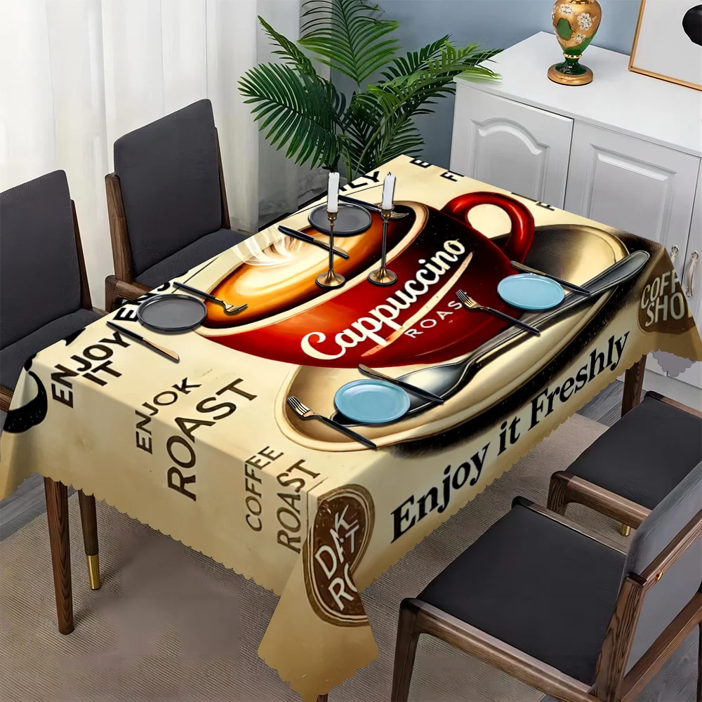 One rectangular tablecloth with a coffee theme, featuring an art pattern of cappuccino and latte, made of polyester fabric.