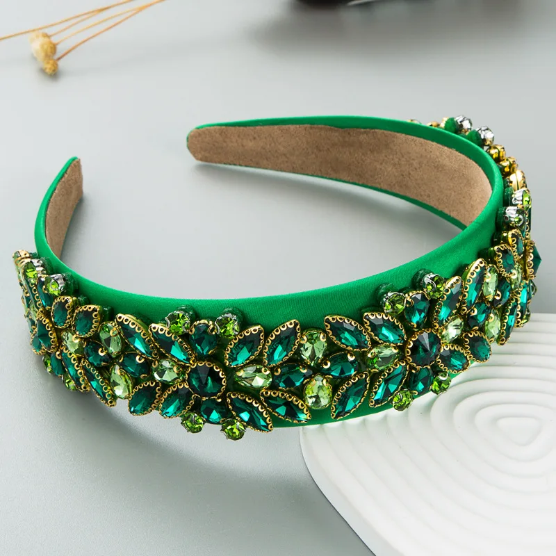 Vintage Green Series Headbands Rhinestone Hairbands Broad-Brimmed Wide Head Hoop Hair Hoop Women Elegant Hair Accessories