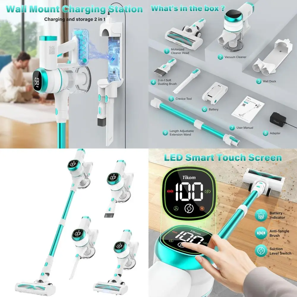 

450W 40000Pa Cordless Vacuum Cleaner, LED Touch Screen, Wall Dock, Lightweight for Pet Hair, Hard Floors, Carpets, Blue