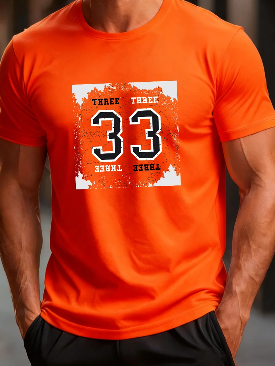 

Orange Short Sleeve T-Shirt with Number 33 Graphic Print for Men
