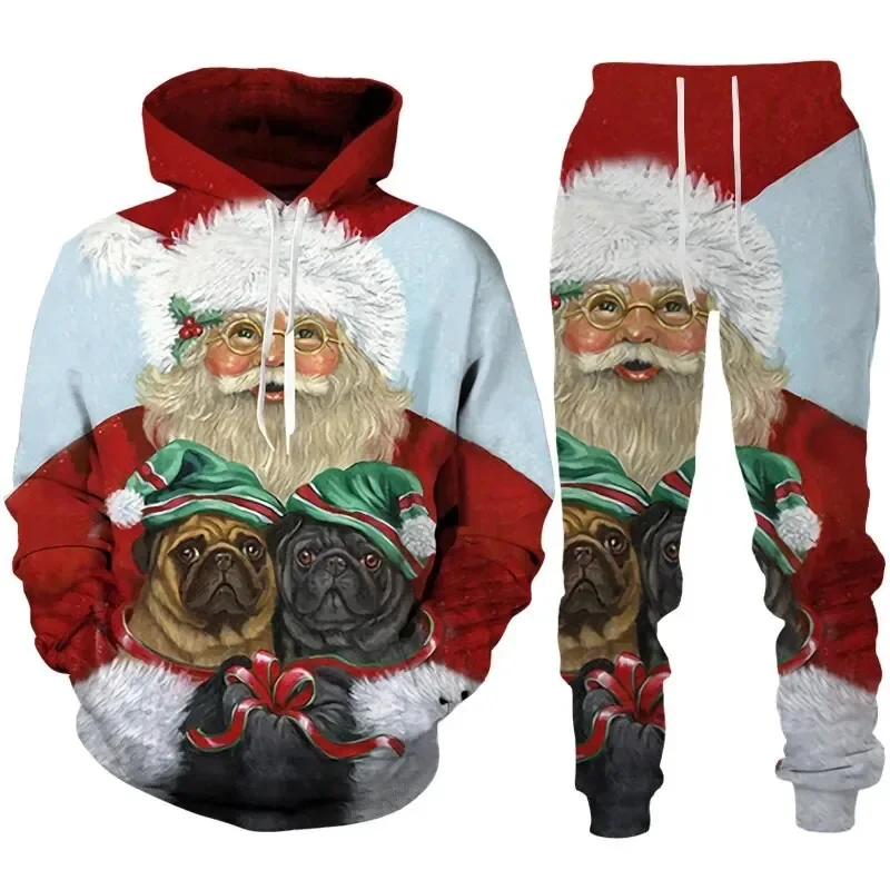 Hoodie motif 3D Santa Claus, baru lucu pakaian olahraga pria celana Hoodie 2 potong kasual pesta Natal Set Hoodie untuk pria