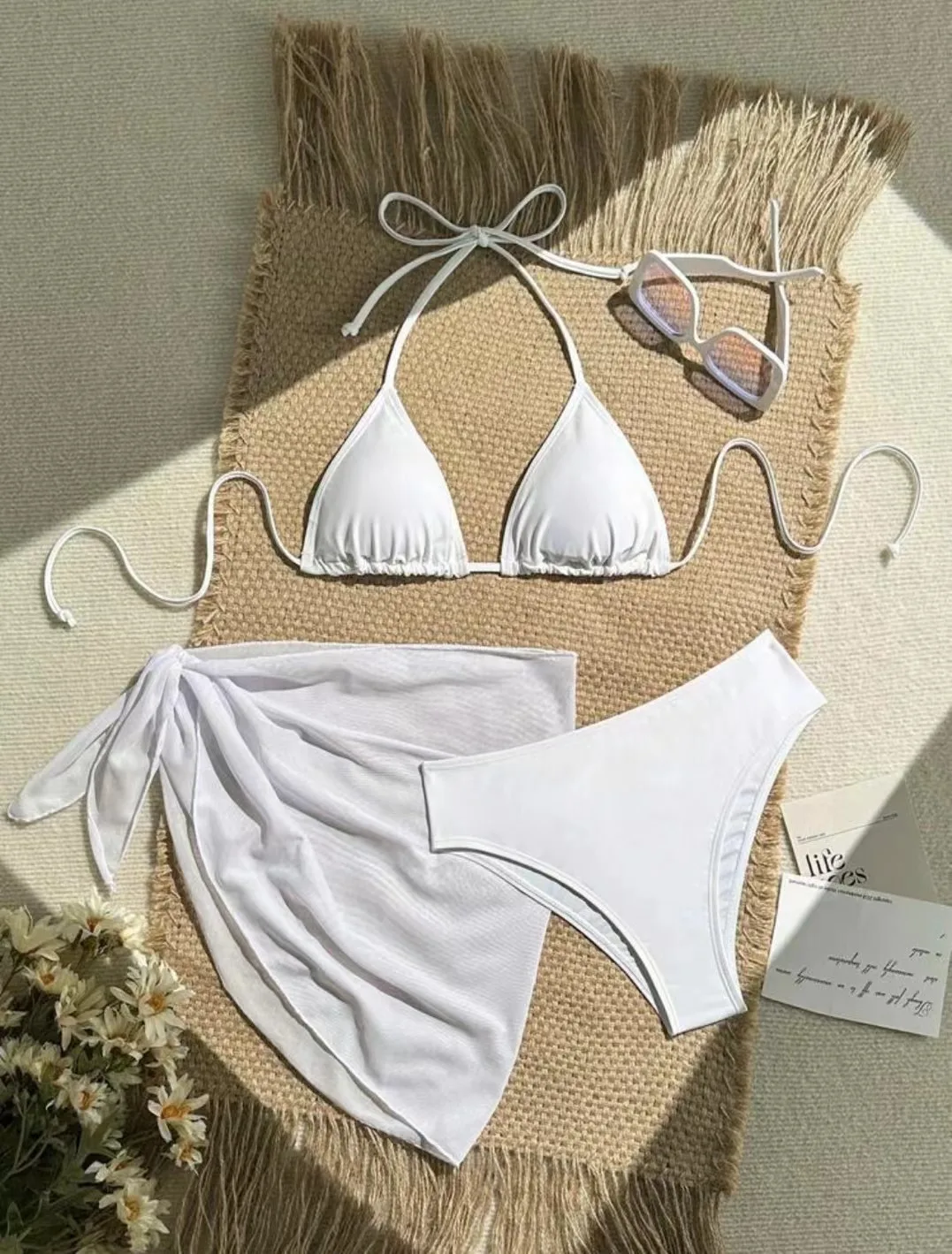 Sexy einfarbige Bikini-Sets mit Neckholder in Schwarz und Weiß, 2-farbig, 3-teilig, mit Überrock, Badeanzug, Badeanzug, Strand-Outfits, Biquini