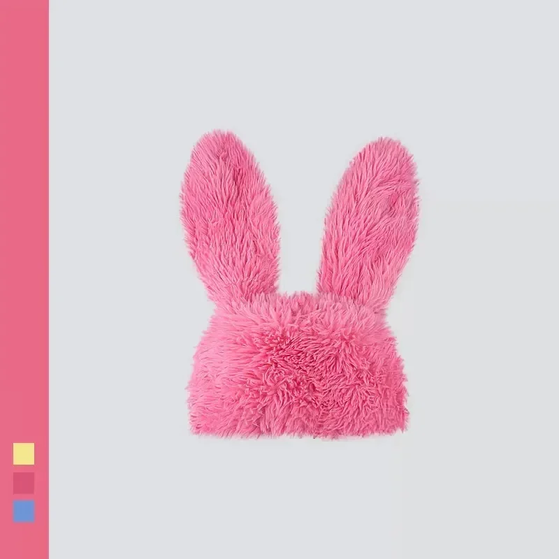 New Rabbit Ears Beanies Korea Ins Niche Cute Rose Red Plush Pullover Cap Winter Warm Keeping Funny Photography Women\'s Hats